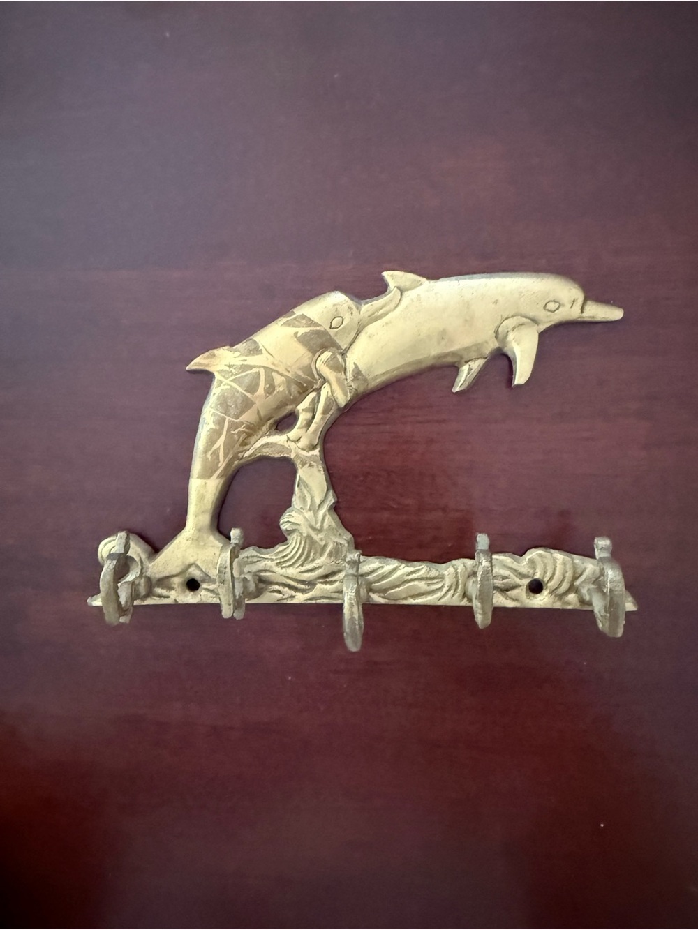 Vintage Solid Brass Dolphin Wall Key Holder | 5 Hooks - Nautical Decor
